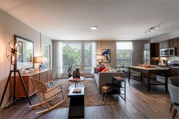 a living room with a couch and a table